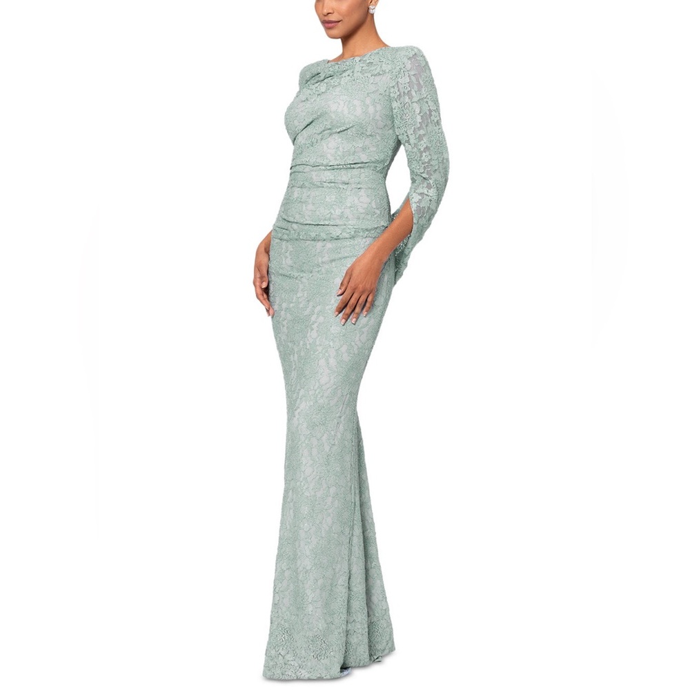 Betsy & Adam light blue sparkly lace cape sleeve draped back formal luxe gown